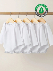 %100 Organik 5li Beyaz Uzun Kollu Bebek Body Zıbın - Lilabio