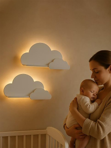 Bebek ve Çocuk Odası LED Aydınlatmalı Duvar Rafı Dekoratif Ahşap Raf - 2’li Işıklı Beyaz Bulut Raf Seti - BugyBagy
