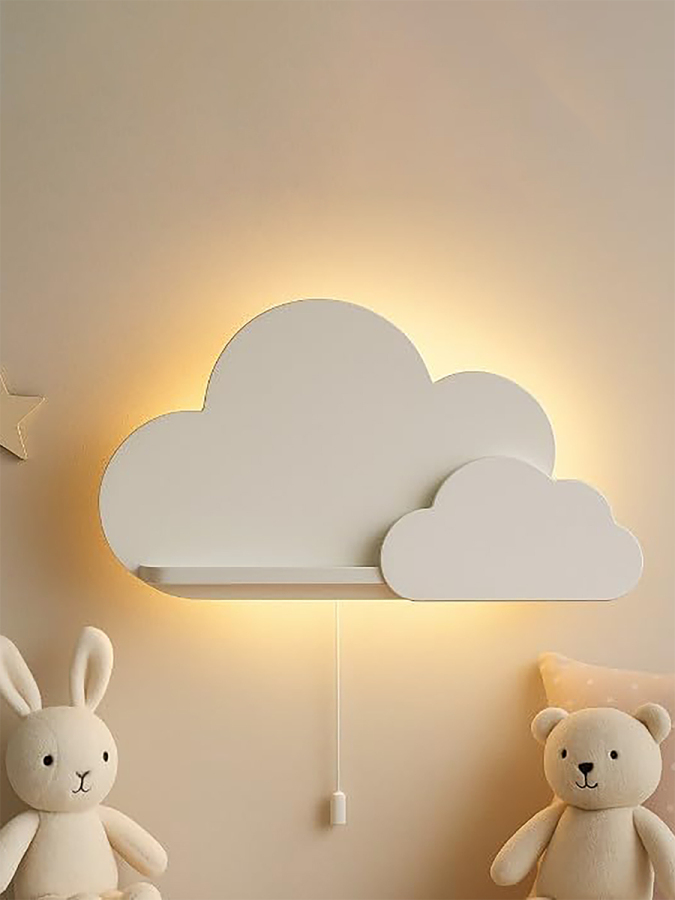 Bebek ve Çocuk Odası LED Aydınlatmalı Duvar Rafı Dekoratif Ahşap Raf - 2’li Işıklı Beyaz Bulut Raf Seti - 5