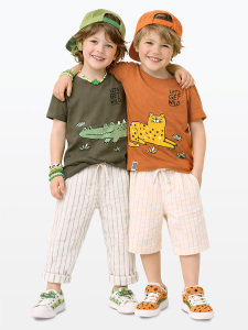 Erkek Çocuk T-shirt 2'li Paket Timsah Leopar Baskılı Kısa Kol T-shirt Pamuklu - Denokids