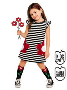 3D Flower Girls Black&White Striped Spring Summer Dress - Denokids