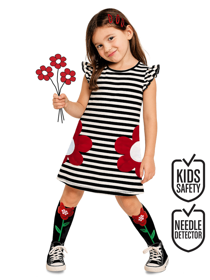 3D Flower Girls Black&White Striped Spring Summer Dress - 1
