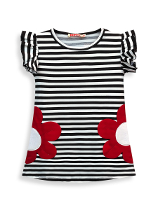 3D Flower Girls Black&White Striped Spring Summer Dress - 3