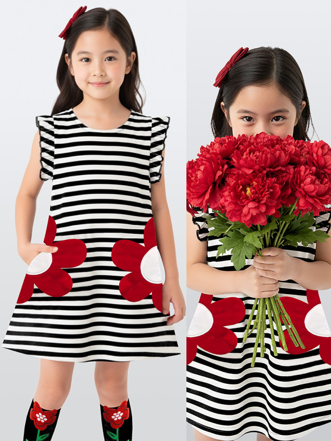 3D Flower Girls Black&White Striped Spring Summer Dress - 1