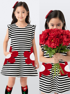 3D Flower Girls Black&White Striped Spring Summer Dress - Denokids
