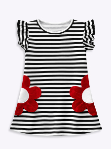 3D Flower Girls Black&White Striped Spring Summer Dress - 4