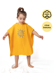 4 Katlı Nakışlı Müslin Panço - Hardal - Zuppers