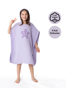 4 Katlı Nakışlı Müslin Panço - Lila - Zuppers