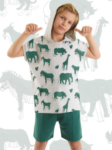 Animals Yeşil Erkek Çocuk Kapüşonlu Yazlık T-shirt Şort Takım - 1