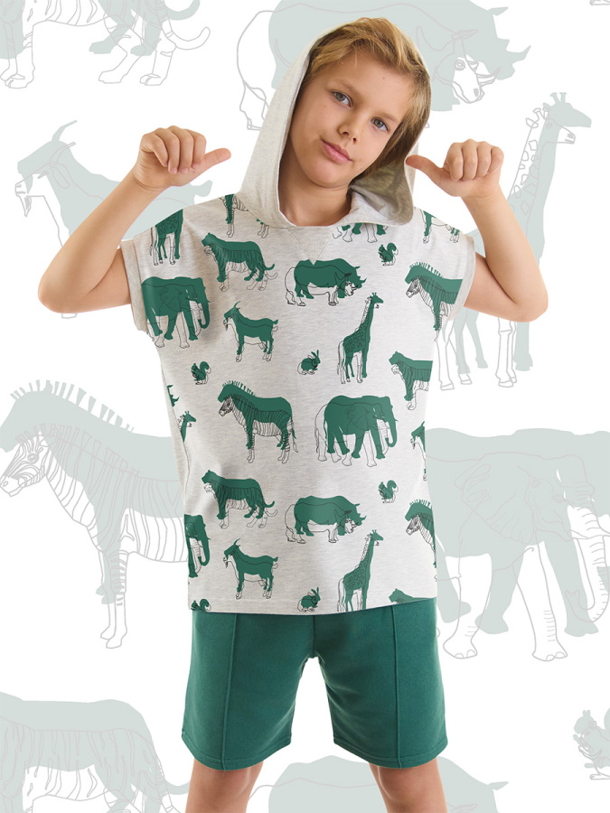Animals Yeşil Erkek Çocuk Kapüşonlu Yazlık T-shirt Şort Takım - 1