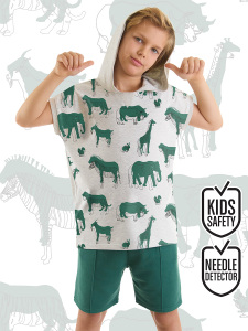 Animals Yeşil Erkek Çocuk Kapüşonlu Yazlık T-shirt Şort Takım - MSHB&G