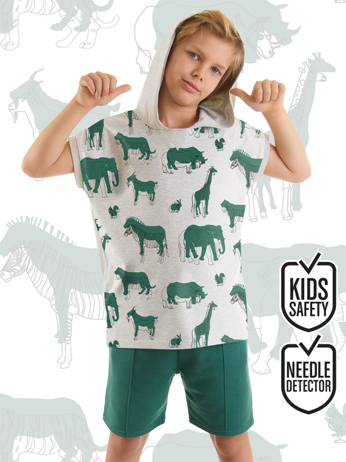 Animals Yeşil Erkek Çocuk Kapüşonlu Yazlık T-shirt Şort Takım - 1