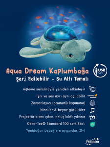Aqua Dream Kaplumbağa Sesli Projektör – Su Altı Efektli Gece Lambası, Ağlama Sensörlü, USB-C Şarjlı, Ninni & Beyaz Gürültülü Bebek Uyku Yardımcısı | Yenidoğan 0+ - 2