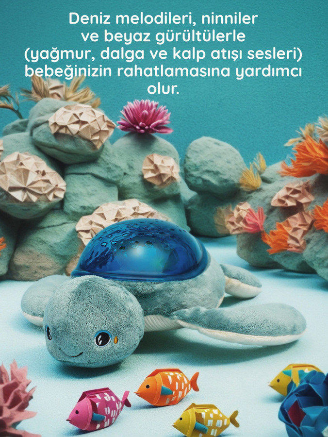 Aqua Dream Kaplumbağa Sesli Projektör – Su Altı Efektli Gece Lambası, Ağlama Sensörlü, USB-C Şarjlı, Ninni & Beyaz Gürültülü Bebek Uyku Yardımcısı | Yenidoğan 0+ - 3