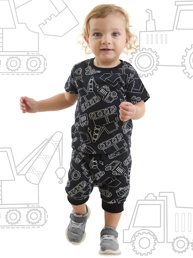 Araba Erkek Bebek Siyah Yazlık T-Shirt Kapri Şort Takım - 1