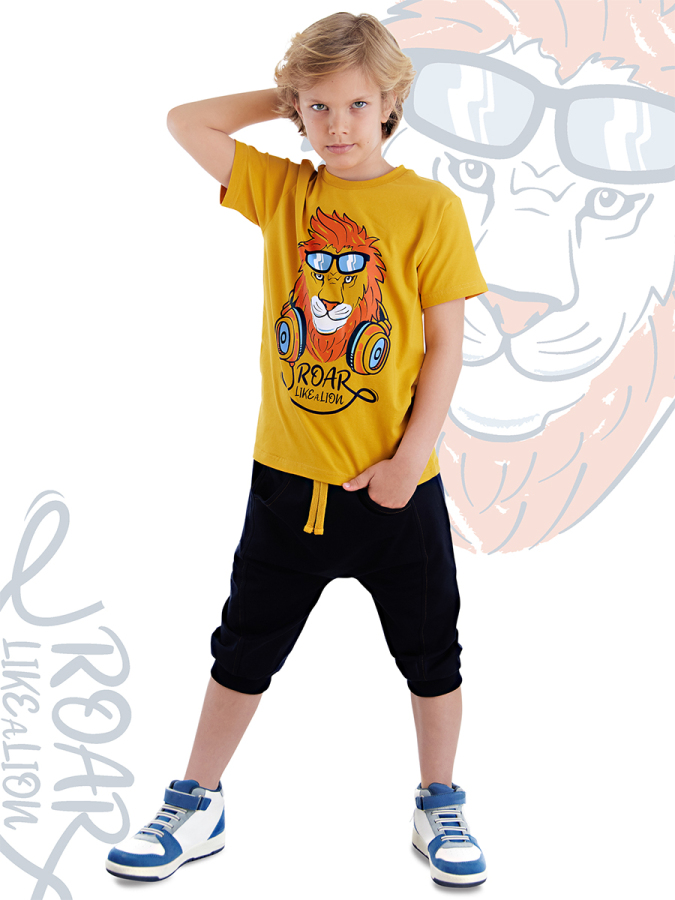 Aslan Sarı Erkek Çocuk Cep Detaylı Yazlık T-shirt Kapri Şort Takım - 1