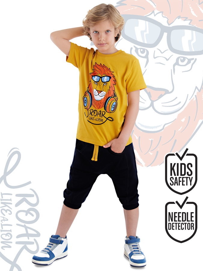 Aslan Sarı Erkek Çocuk Cep Detaylı Yazlık T-shirt Kapri Şort Takım - 1