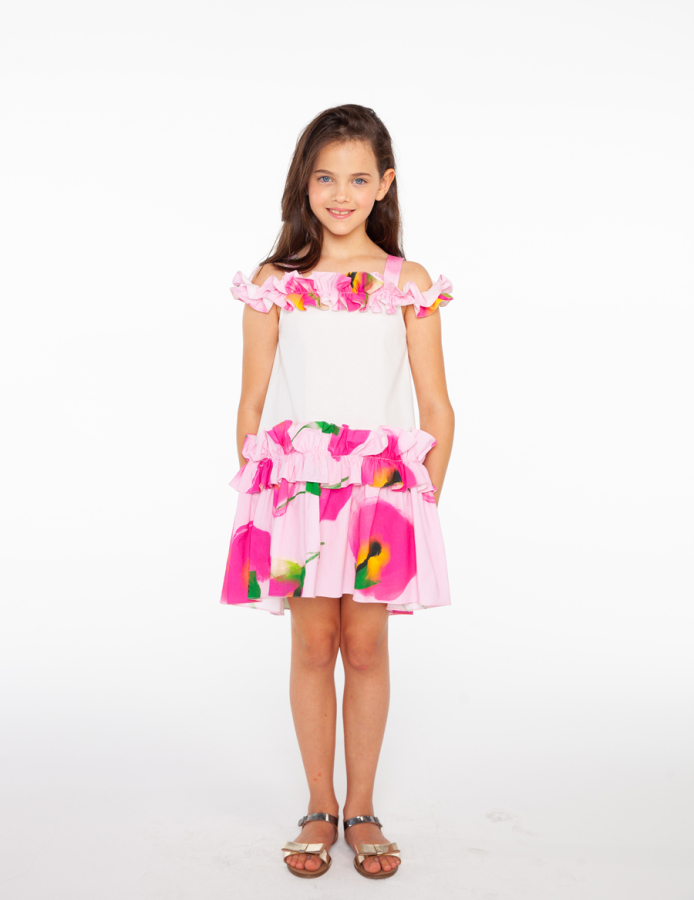 Askılı Çiçek Desenli Kız Çocuk Elbise - 1