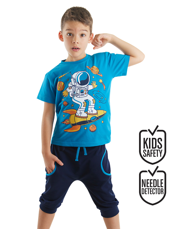 Astronot Lacivert Erkek Çocuk Yazlık T-shirt Kapri Şort Takım - 1