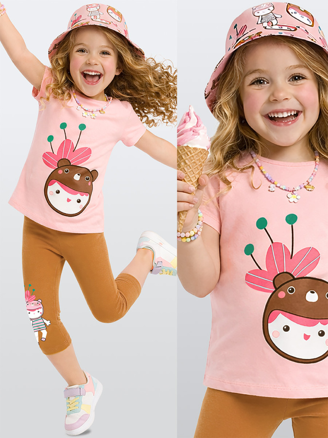 Ayı Şapkalı Kız Çocuk T-shirt Tayt Takım - 1