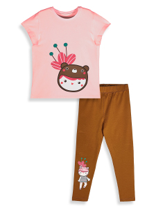Kız Çocuk Takım Çiçekli Ayıcıklı Tunik Boy T-shirt Tayt Yazlık 2-8 Yaş - 5