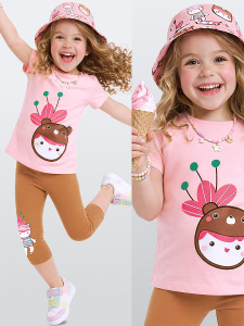 Kız Çocuk Takım Çiçekli Ayıcıklı Tunik Boy T-shirt Tayt Yazlık 2-8 Yaş - Denokids
