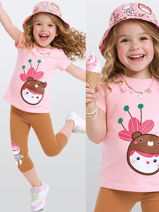Kız Çocuk Takım Çiçekli Ayıcıklı Tunik Boy T-shirt Tayt Yazlık 2-8 Yaş - 1