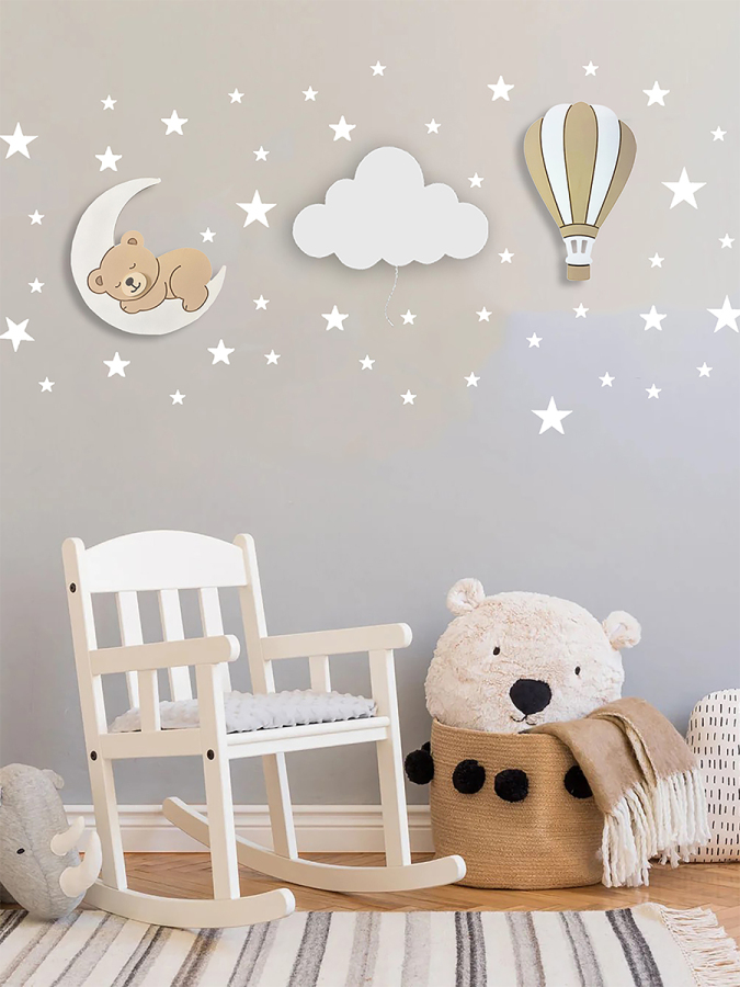 Bej El Boyaması 3’lü Bebek Odası Gece Lambası Seti + 56 Adet Yıldız Sticker – Ayıcık Ay Bulut LED Lamba - Piller Dahil - 1