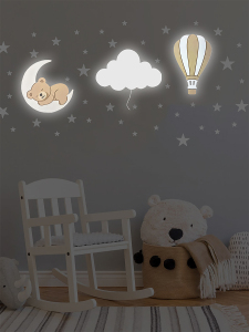 Bej El Boyaması 3’lü Bebek Odası Gece Lambası Seti + 56 Adet Yıldız Sticker – Ayıcık Ay Bulut LED Lamba - Piller Dahil - 2
