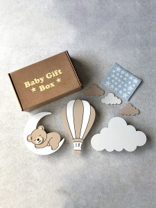 Bej El Boyaması 3’lü Bebek Odası Gece Lambası Seti + 56 Adet Yıldız Sticker – Ayıcık Ay Bulut LED Lamba - Piller Dahil - 3
