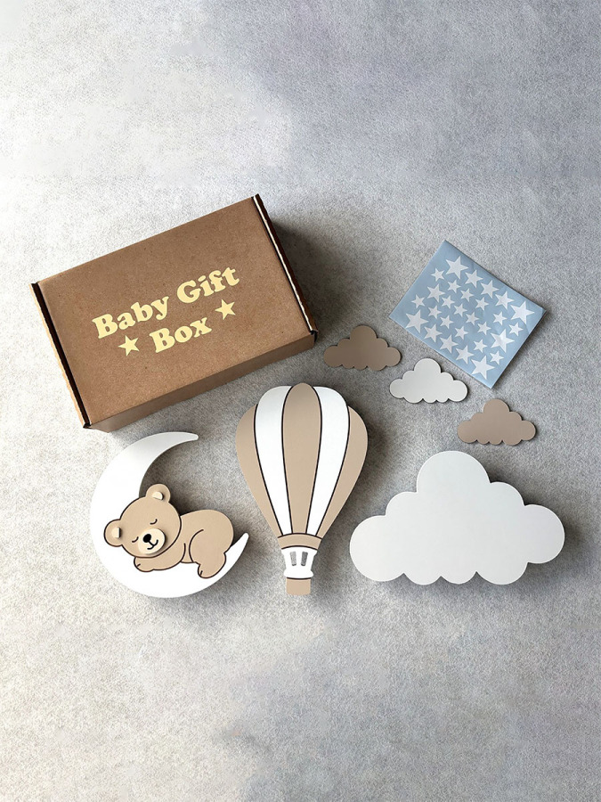 Bej El Boyaması 3’lü Bebek Odası Gece Lambası Seti + 56 Adet Yıldız Sticker – Ayıcık Ay Bulut LED Lamba - Piller Dahil - 3