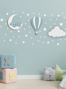 Mavi El Boyaması 3’lü Bebek Odası Gece Lambası Seti + 56 Adet Yıldız Sticker – Ayıcık Ay Bulut Balon LED Lamba - Piller Dahil - BugyBagy