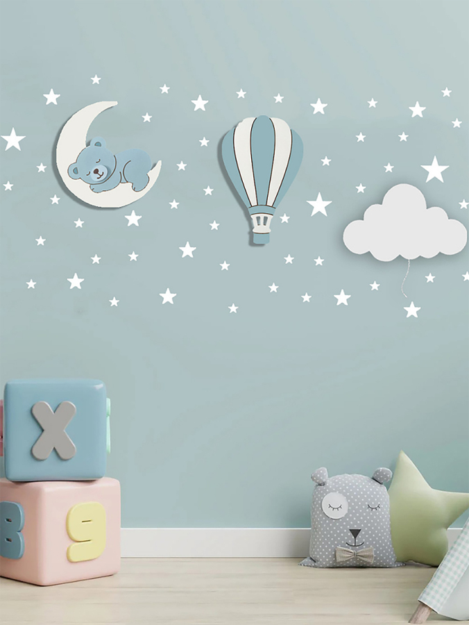 Mavi El Boyaması 3’lü Bebek Odası Gece Lambası Seti + 56 Adet Yıldız Sticker – Ayıcık Ay Bulut Balon LED Lamba - Piller Dahil - 1
