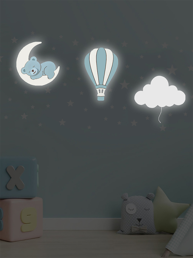 Mavi El Boyaması 3’lü Bebek Odası Gece Lambası Seti + 56 Adet Yıldız Sticker – Ayıcık Ay Bulut Balon LED Lamba - Piller Dahil - 2