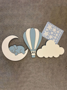 Mavi El Boyaması 3’lü Bebek Odası Gece Lambası Seti + 56 Adet Yıldız Sticker – Ayıcık Ay Bulut Balon LED Lamba - Piller Dahil - 3
