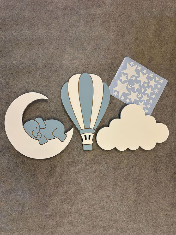 Mavi El Boyaması 3’lü Bebek Odası Gece Lambası Seti + 56 Adet Yıldız Sticker – Ayıcık Ay Bulut Balon LED Lamba - Piller Dahil - 3