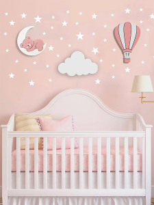 Pembe El Boyaması 3’lü Bebek Odası Gece Lambası Seti + 56 Adet Yıldız Sticker – Ayıcık Ay Bulut Balon LED Lamba - Piller Dahil - BugyBagy