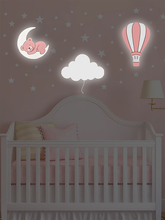 Pembe El Boyaması 3’lü Bebek Odası Gece Lambası Seti + 56 Adet Yıldız Sticker – Ayıcık Ay Bulut Balon LED Lamba - Piller Dahil - 2