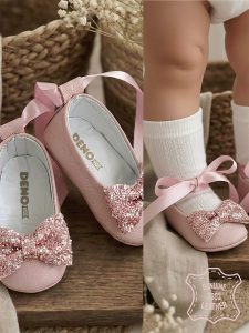 Baby Girl Genuine Leather Blush Bow Ballet Flats - Denokids