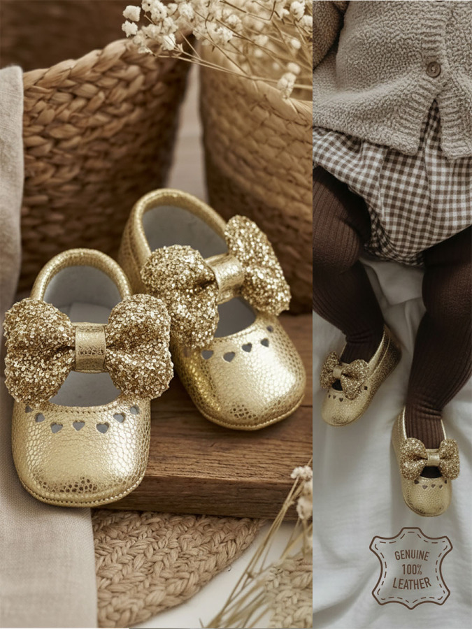 Baby Girl Genuine Leather Gold Booties - 1