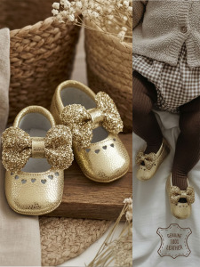 Baby Girl Genuine Leather Gold Booties - Denokids