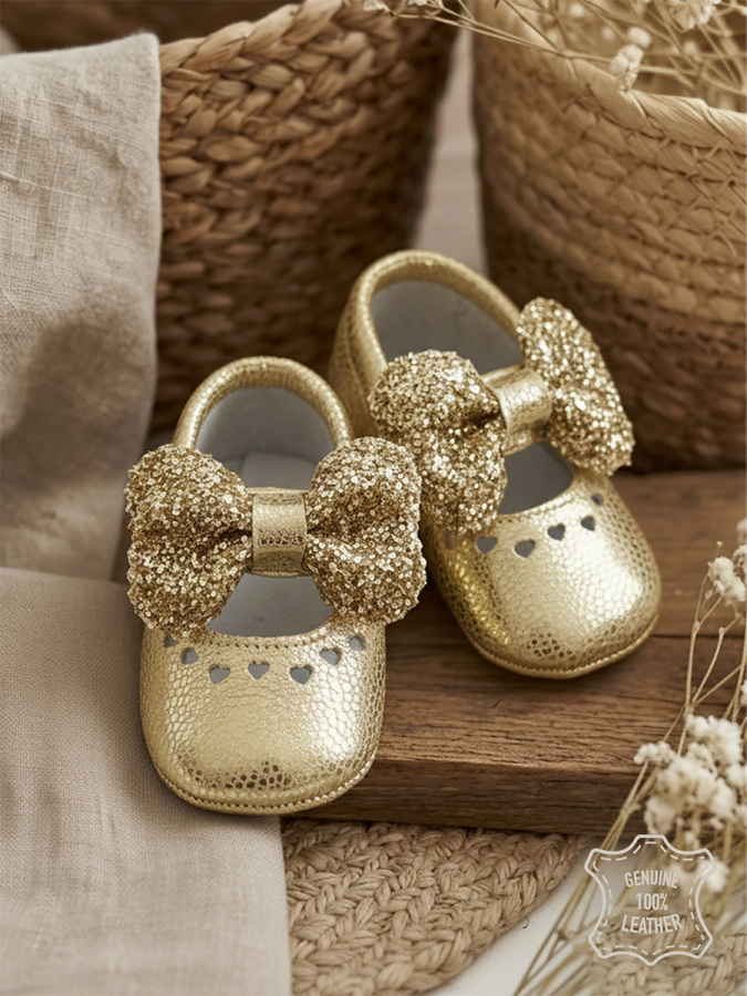 Baby Girl Genuine Leather Gold Booties - 2