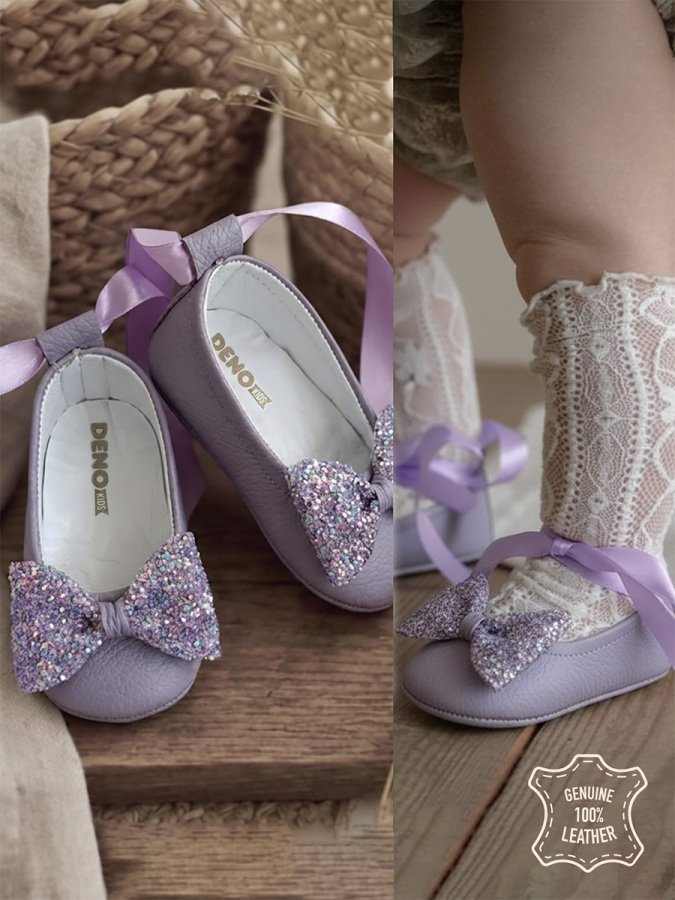 Baby Girl Genuine Leather Lilac Bow Ballet Flats - 1