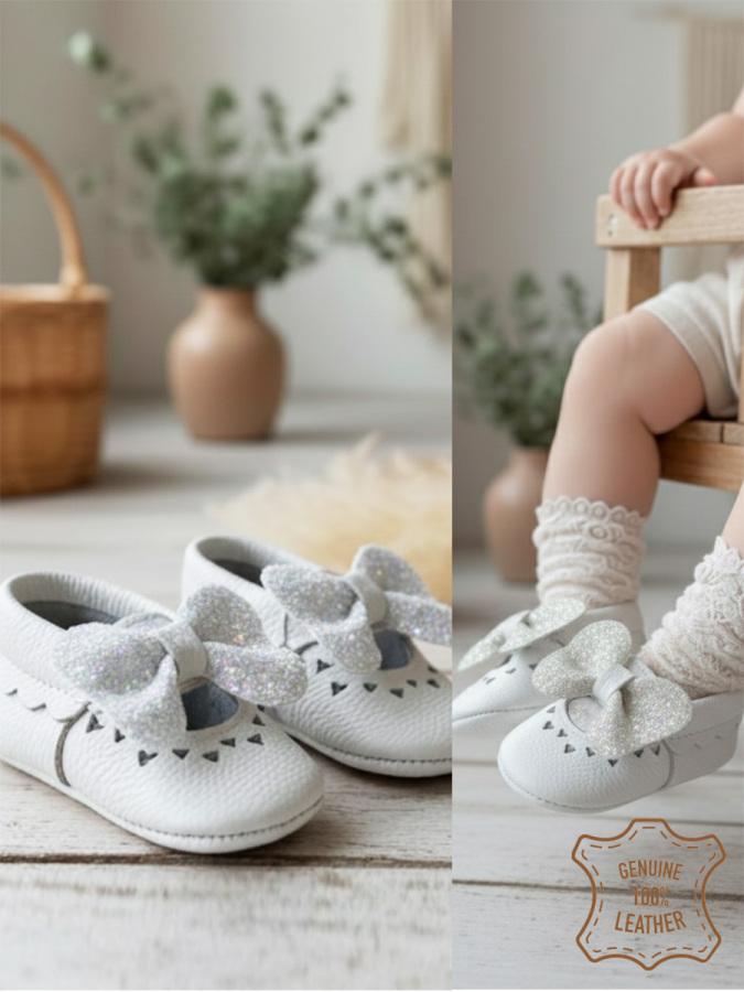 Baby Girl Genuine Leather White Rhinestone Booties - 1