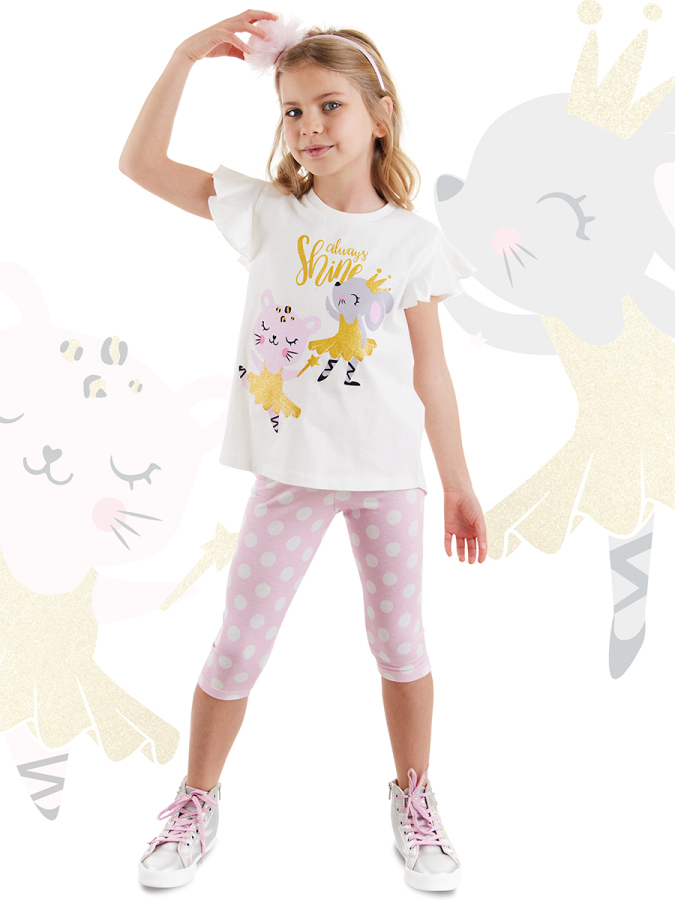 Balerin Hayvanlar Fırfırlı Puantiyeli Kız Çocuk Yazlık T-shirt Tayt Takım - 1