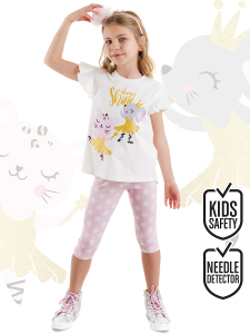 Balerin Hayvanlar Fırfırlı Puantiyeli Kız Çocuk Yazlık T-shirt Tayt Takım - Denokids