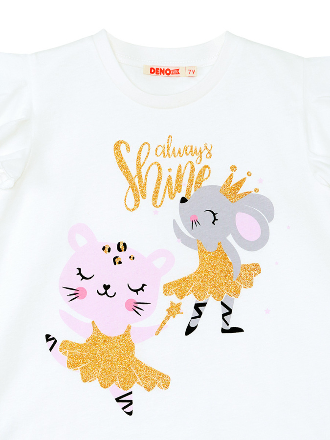 Balerin Hayvanlar Fırfırlı Puantiyeli Kız Çocuk Yazlık T-shirt Tayt Takım - 8