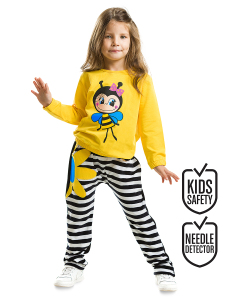 Çizgili Çiçekli Arı Kız Çocuk Kadife Eşofman Takım - Denokids