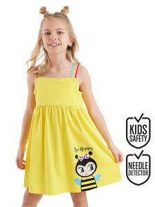Arı Kız Çocuk Askılı Fırfırlı Sarı Kız Yazlık Elbise - Denokids