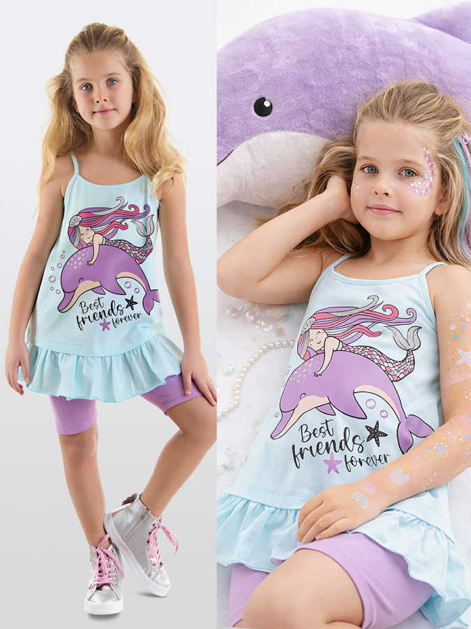 Best Friends Kız Çocuk Askılı Yazlık Tunik T-shirt Tayt Takım - 1